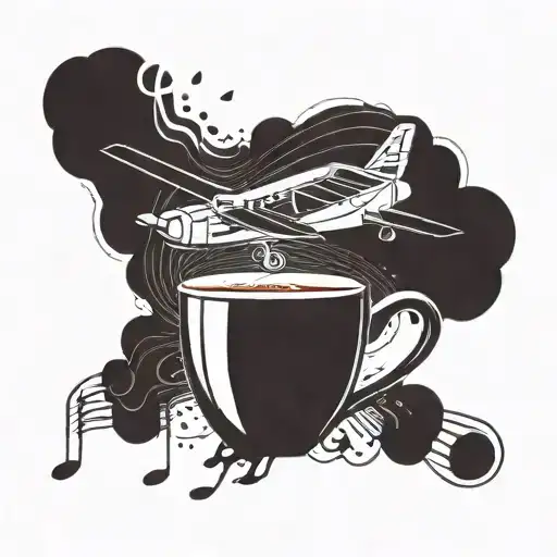 A silhouette of a vintage airplane flying over a coffee cup, with musical notes floating in the background tattoo design idea