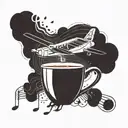 A silhouette of a vintage airplane flying over a coffee cup, with musical notes floating in the background tattoo design idea