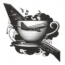 A silhouette of a vintage airplane flying over a coffee cup, with musical notes floating in the background tattoo design idea