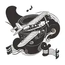 A silhouette of a vintage airplane flying over a coffee cup, with musical notes floating in the background tattoo design idea