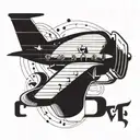 A silhouette of a vintage airplane flying over a coffee cup, with musical notes floating in the background tattoo design idea