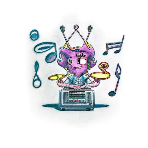 A tattoo of Timmy Turner surrounded by musical notes and dollar signs tattoo design idea