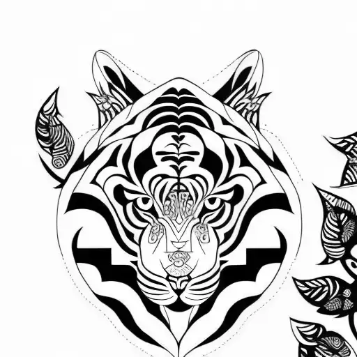 Moon cherry blossom tiger tribal  tattoo design idea