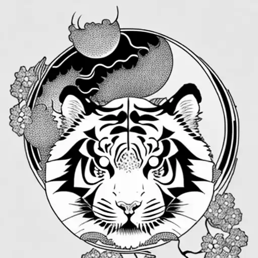 Moon cherry blossom tiger tattoo design idea