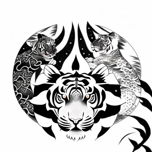 Moon cherry blossom tiger tattoo design idea