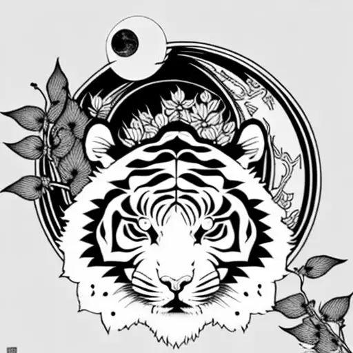 Moon cherry blossom tiger tattoo design idea