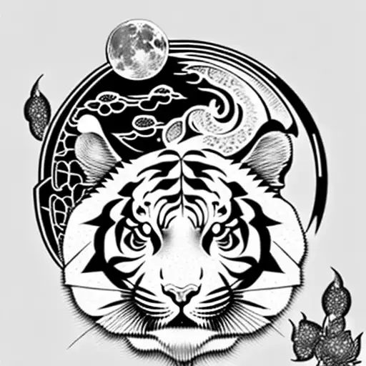 Moon cherry blossom tiger tattoo design idea