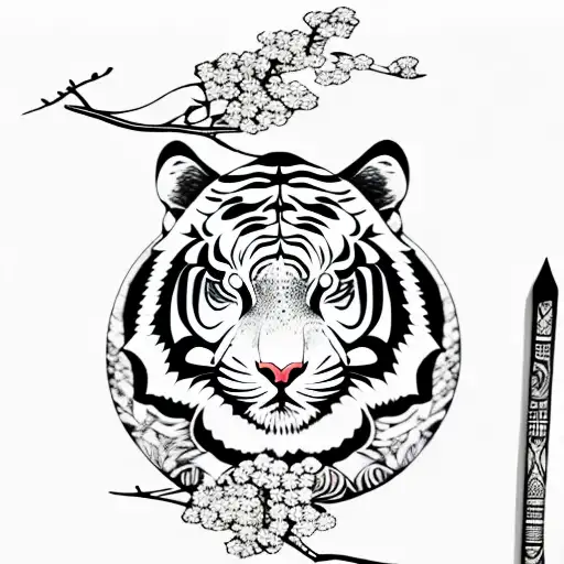 Moon cherry blossom tiger tribal  tattoo design idea