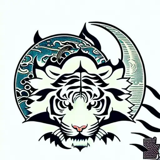 Moon cherry blossom tiger tattoo design idea
