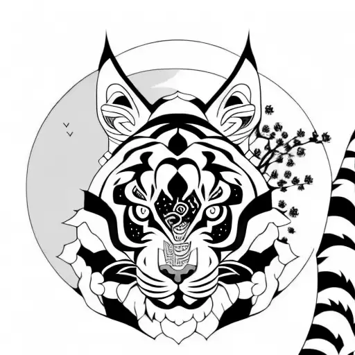 Moon cherry blossom tiger tribal  tattoo design idea