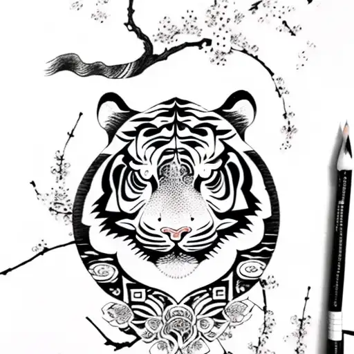 Moon cherry blossom tiger tribal  tattoo design idea