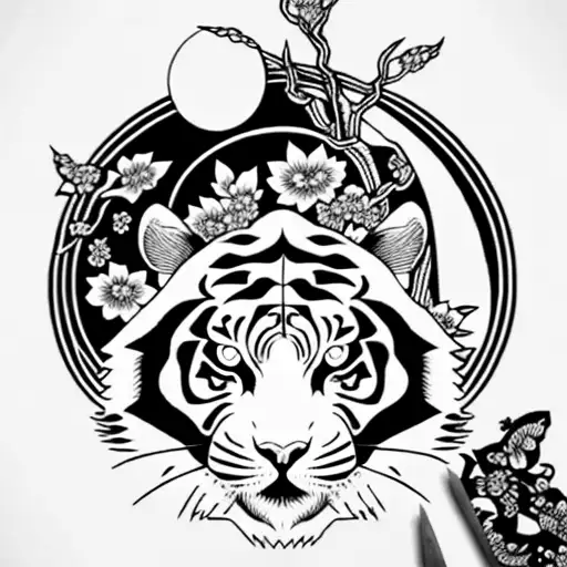 Moon cherry blossom tiger tattoo design idea