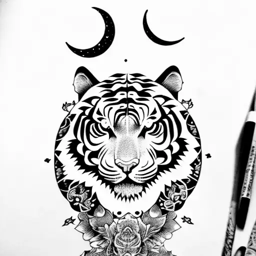 Moon cherry blossom tiger tribal  tattoo design idea