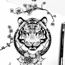 Moon cherry blossom tiger tribal  tattoo design idea