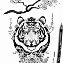 Moon cherry blossom tiger tribal  tattoo design idea