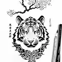 Moon cherry blossom tiger tribal  tattoo design idea