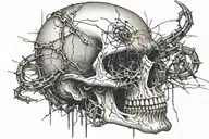 skull wearing barb wire and bleeding from the eyes and mouth with a blackout geometric design for the background tattoo design idea