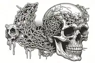 skull wearing barb wire and bleeding from the eyes and mouth with a blackout geometric design for the background tattoo design idea