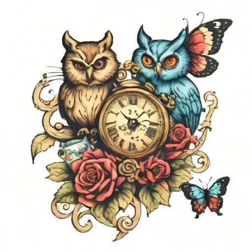 alice and wonderland at tea time inspired with clock and bear owl and butterfly  tattoo design idea