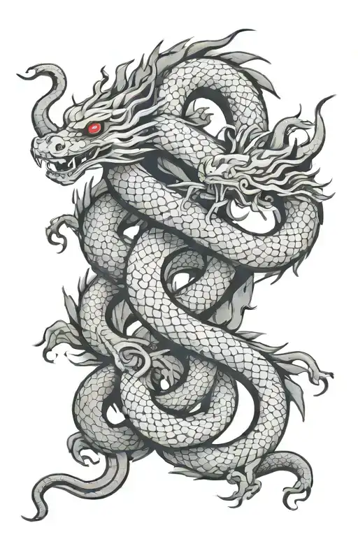 Chinese dragon and snake intertwined, almost as if it is fighting each other but can also resemble unity tattoo design idea