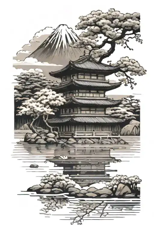 tradtional japanese building with a lake at the bottom and sakura trees next to the building, and mountains and clouds tattoo design idea