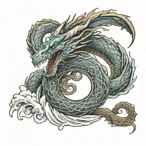 Infinity Ouroboros dragon coiling waves filled tattoo design idea