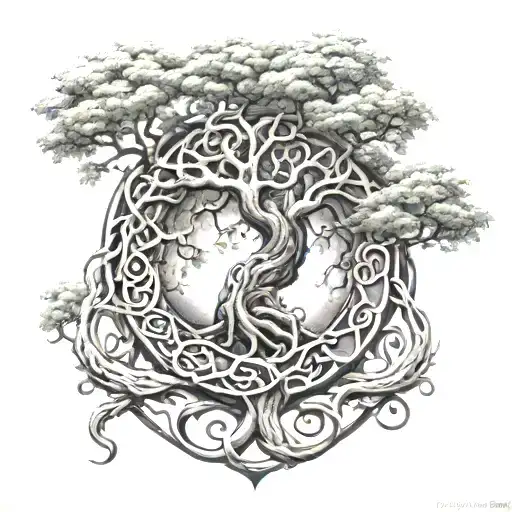 Infinity Ouroboros dragon coiling filling a circular yggdrasil tree tattoo design idea