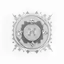 A poker chip surrounded by playing cards in dotwork style tattoo design idea