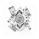 A poker chip surrounded by playing cards in dotwork style tattoo design idea