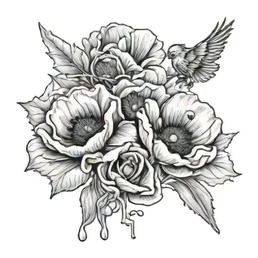 A memorial tattoo design honoring the client's military service, with a background of poppies, a symbol of remembrance and peace tattoo design idea