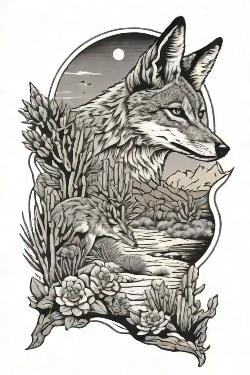desert scene with a coyote, hummingbird and catus tattoo design idea