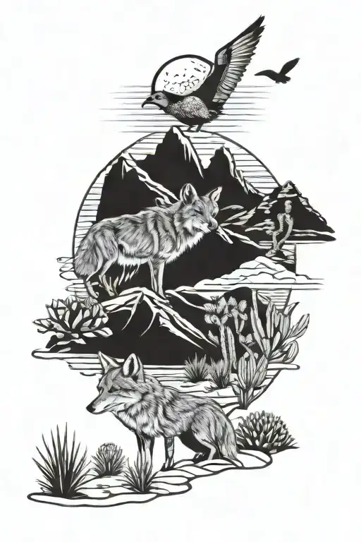 desert scene with a coyote, hummingbird and catus tattoo design idea
