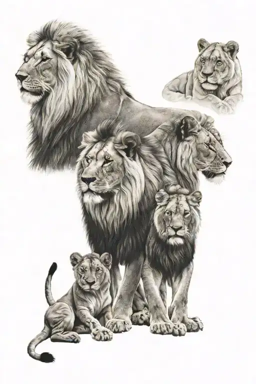 family of 4 lions 2 big ones and 2 cubs face tattoo design idea