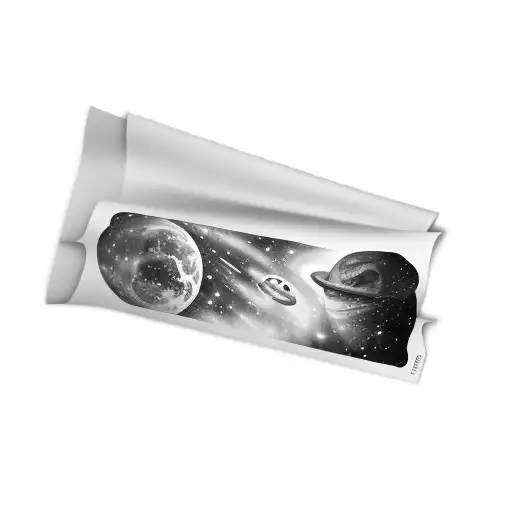 Space-themed, colour full sleeve tattoo, bottom forest with light colour background, dark-to-light gradient, night sky,  tattoo design idea