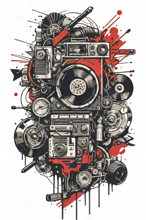 tattoo with travel, music, cinema and love references tattoo design idea