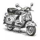 A Lambretta scooter with a Northern Soul vinyl record spinning on its wheels, in a traditional style tattoo design idea