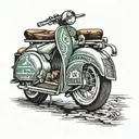 A Lambretta scooter with a Northern Soul vinyl record spinning on its wheels, in a traditional style tattoo design idea
