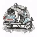 A Lambretta scooter with a Northern Soul vinyl record spinning on its wheels, in a traditional style tattoo design idea