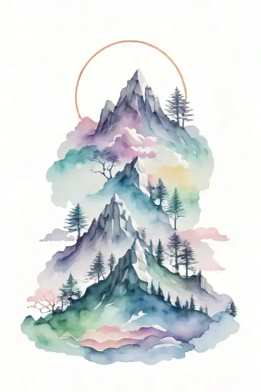 mountain with shape of the masc of Rapper Sido, a Family with 4 Persons comming to the Viewer tattoo design idea