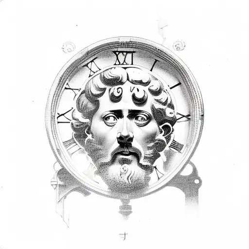 old Marcus Aurelius with clock that is broken from a lightning strike tattoo design idea