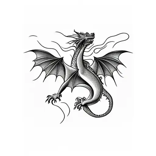 Dragon soaring through the sky with a trail of fiery roses behind tattoo design idea