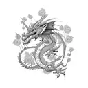 Dragon wrapped around a tree with roses tattoo design idea