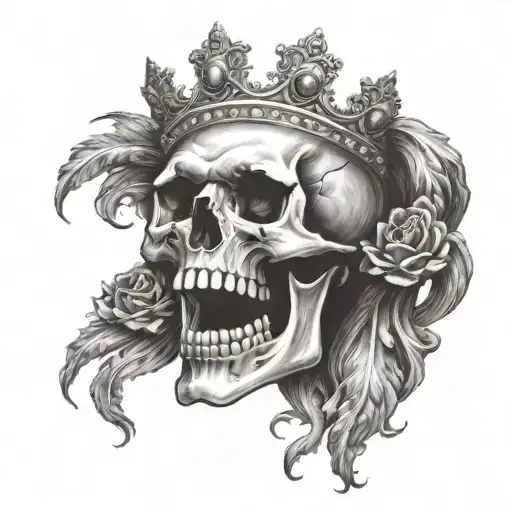 skull with mouth open wearing a crown of jewels facing forward tattoo design idea
