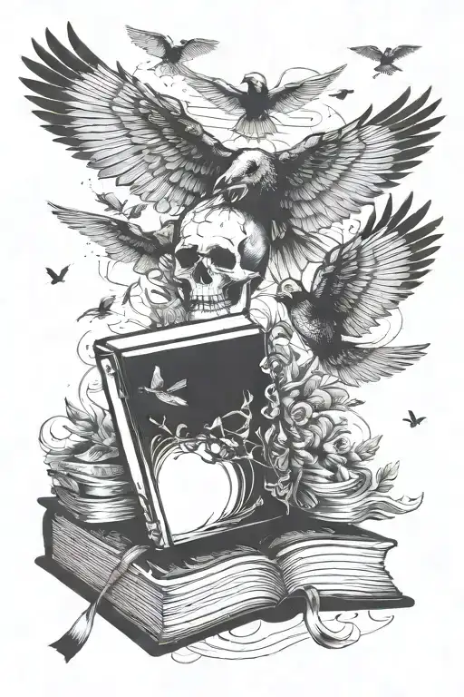 birds in flight coming out of book incorporate a skull in the image  tattoo design idea