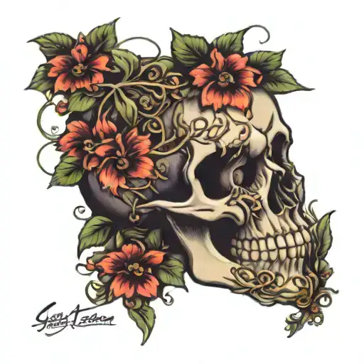 skull with grape vines and flowers  coming out of it blooming   tattoo design idea