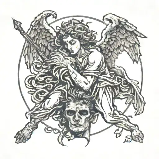 angel holding the head cut off devil tattoo design idea