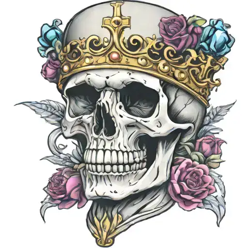 skull with mouth open wearing a crown of jewels facing forward tattoo design idea