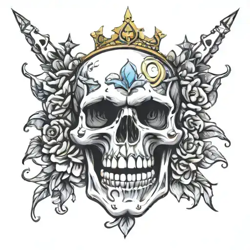 skull with mouth open wearing a crown of jewels  tattoo design idea