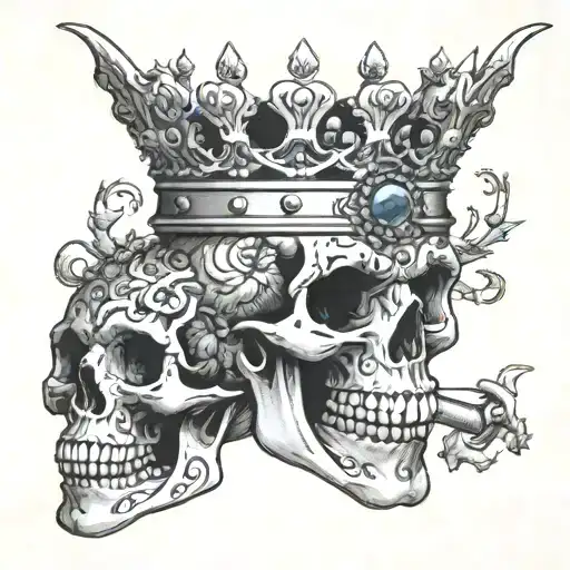 skull with mouth open wearing a crown of jewels tattoo design idea