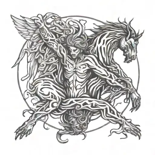 angel holding the head of a defeated demon tattoo design idea